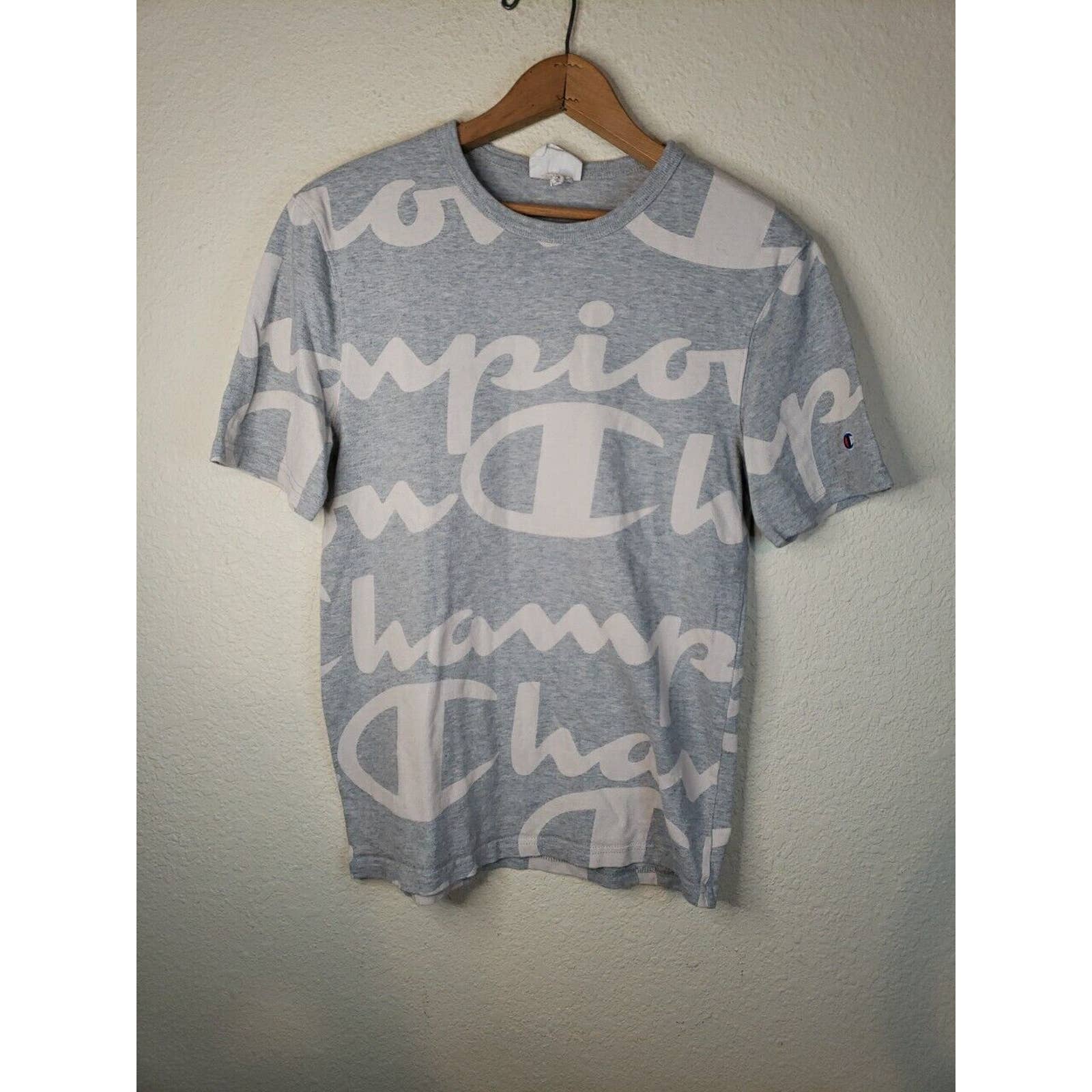 Champion Men's Small White Grey Heritage Allover Print Script T-Shirt